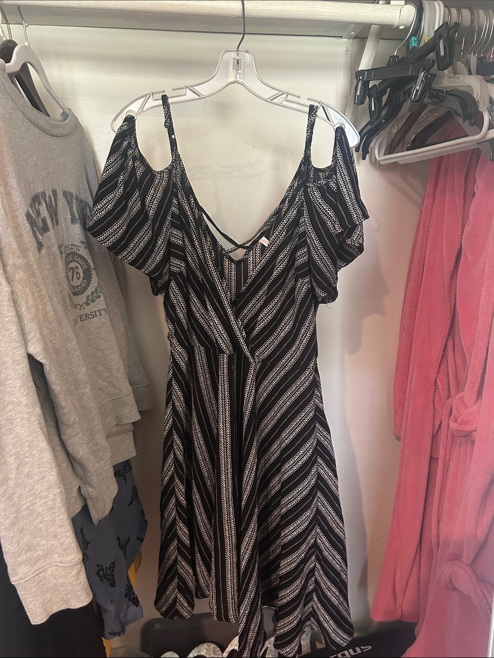Xhilaration Black & White Striped Cold-Shoulder Mini Dress